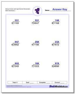 Money Division Worksheet with Digit Decimal Remainders /worksheets/long-division.html