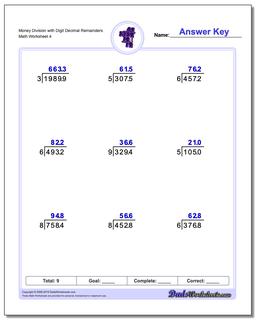 Money Division Worksheet with Digit Decimal Remainders