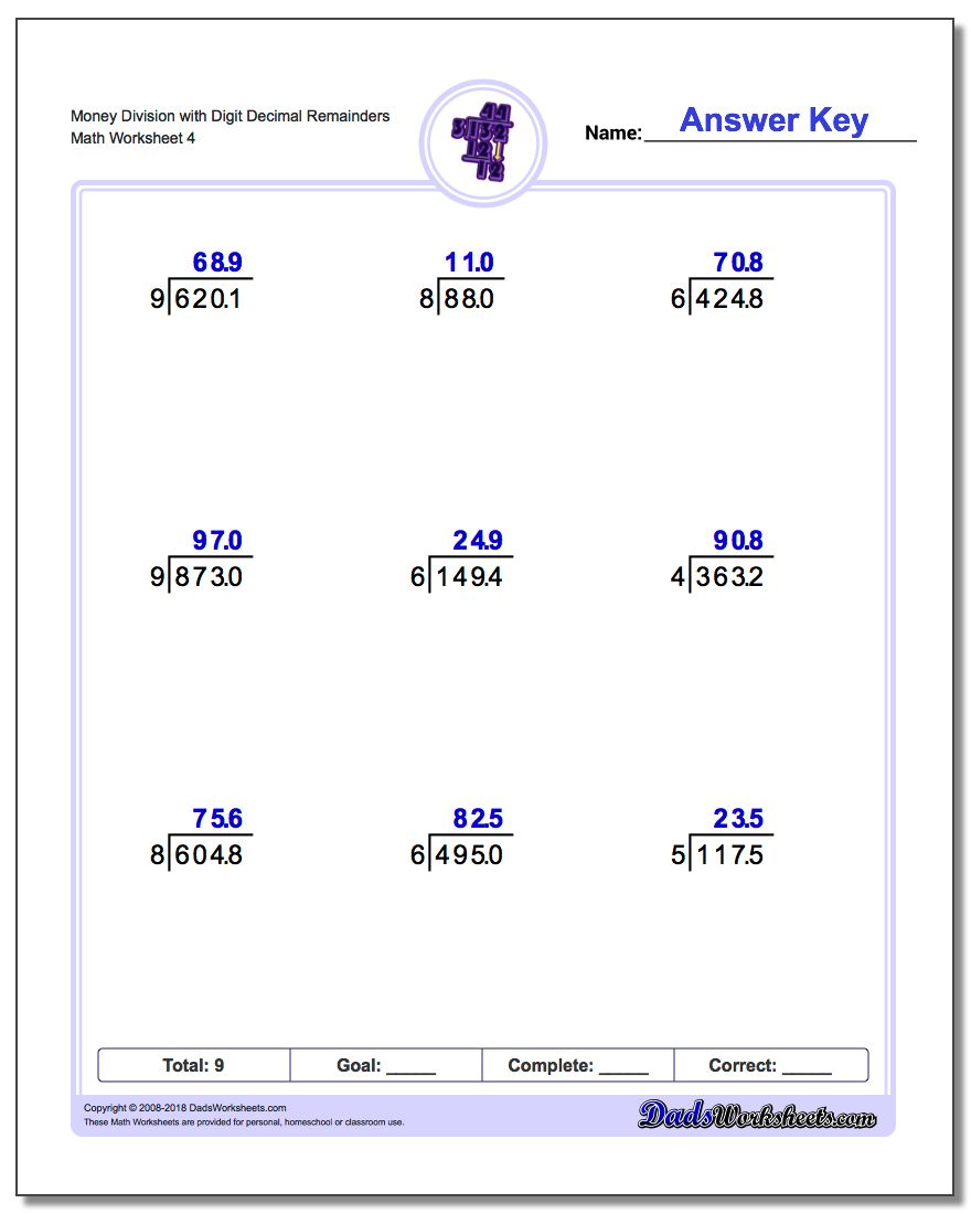 Money Division Worksheet with Digit Decimal Remainders