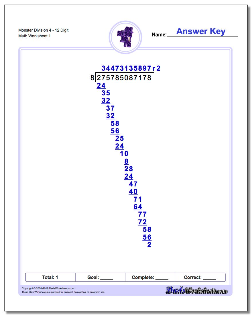 Long Division Worksheet Monster 412 Digit