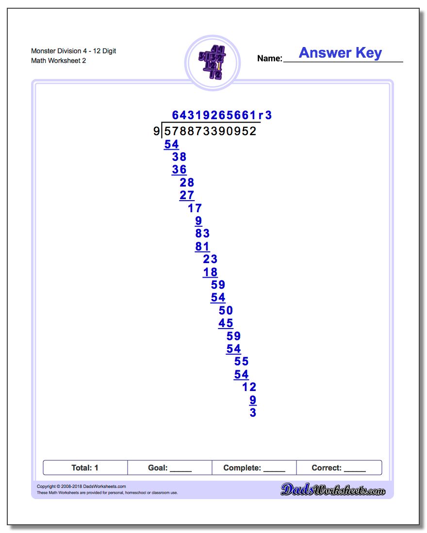 Monster Division Worksheet 412 Digit www.dadsworksheets.com/worksheets/long-division.html