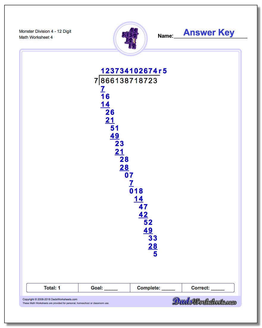 Monster Division Worksheet 412 Digit