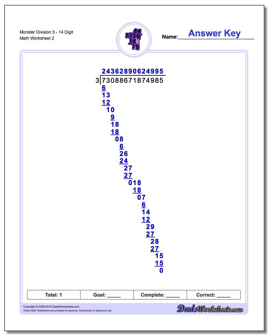 Monster Division Worksheet 514 Digit www.dadsworksheets.com/worksheets/long-division.html