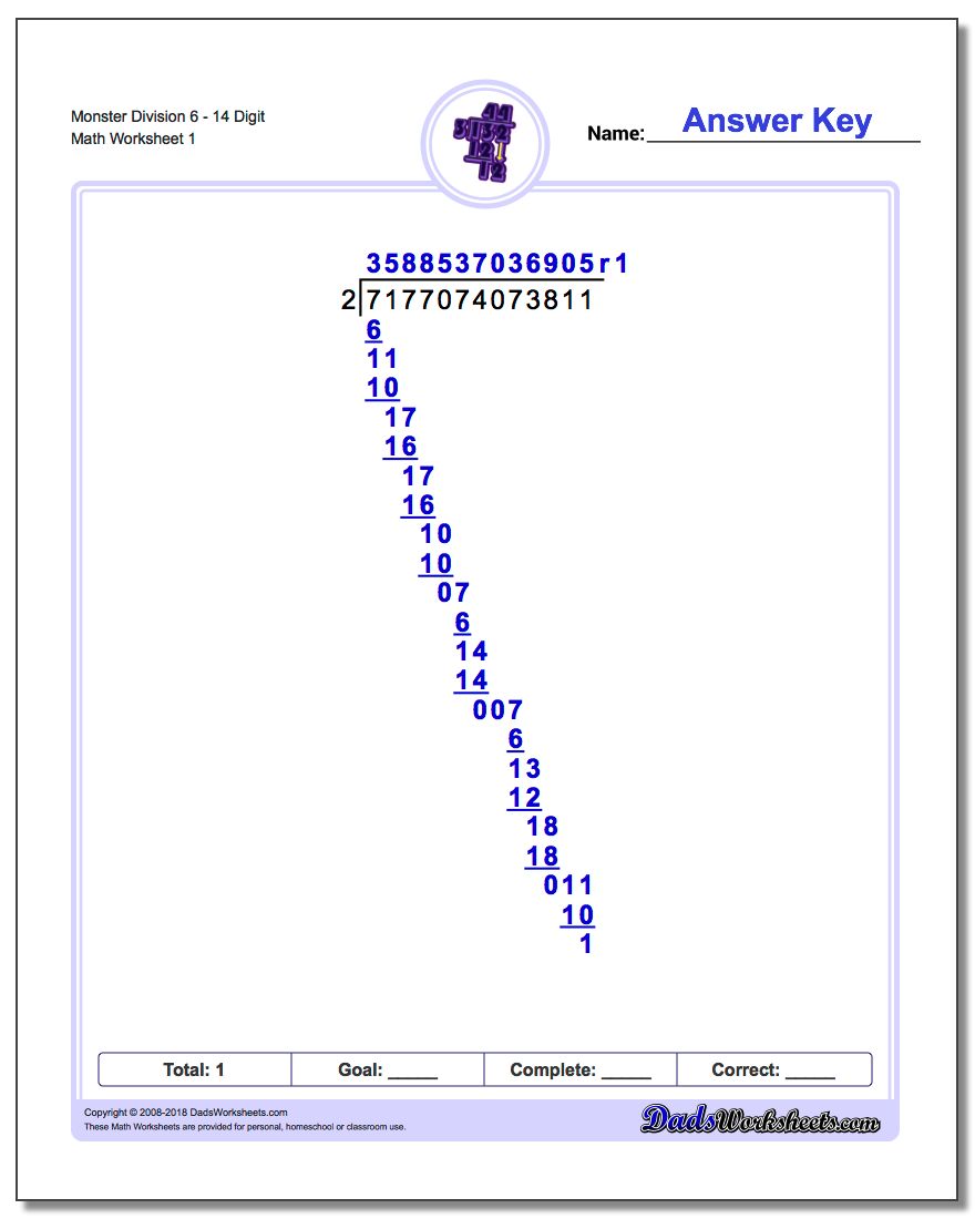 Long Division Worksheet Monster 614 Digit