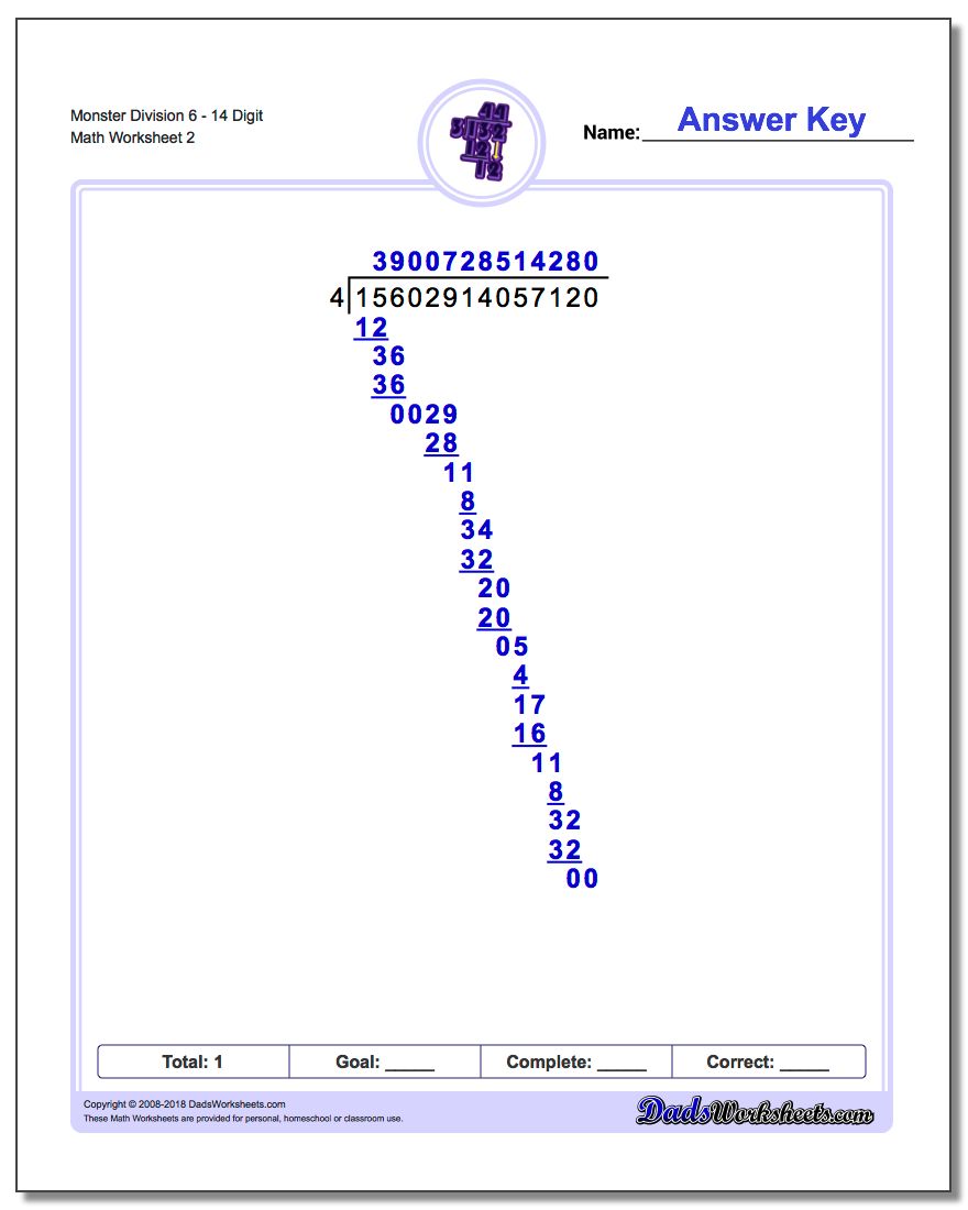 Monster Division Worksheet 614 Digit www.dadsworksheets.com/worksheets/long-division.html