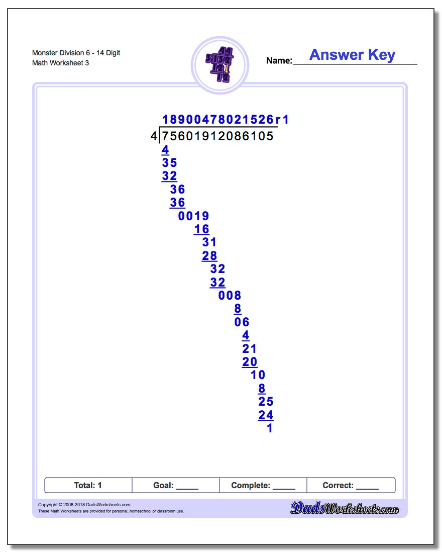 Monster Division Worksheet 614 Digit