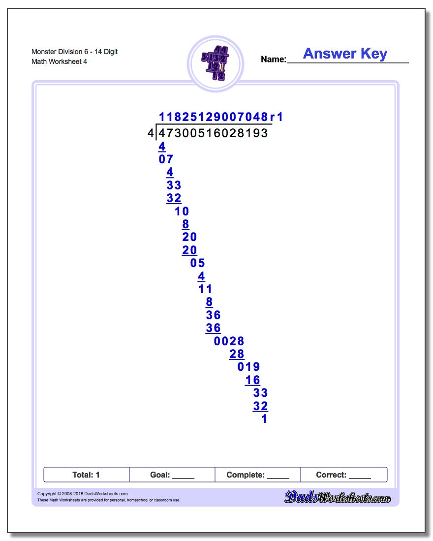 Monster Division Worksheet 614 Digit