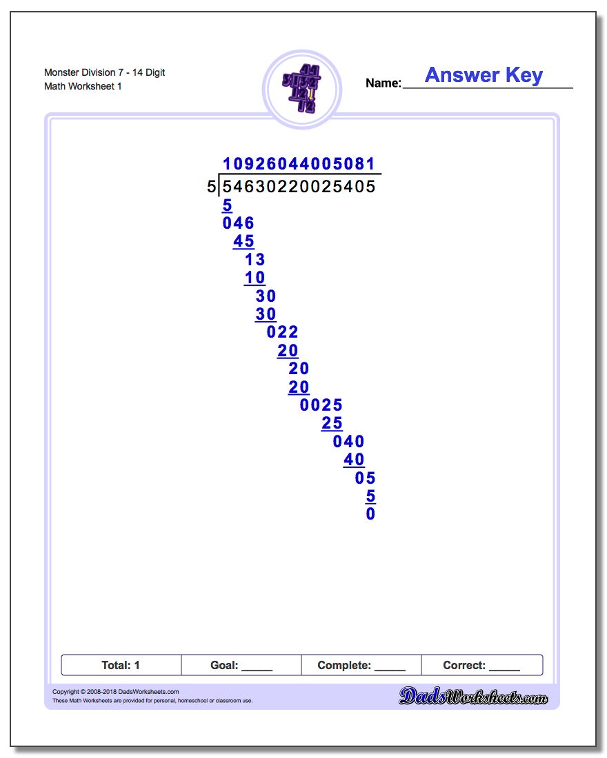 Long Division Worksheet Monster 714 Digit