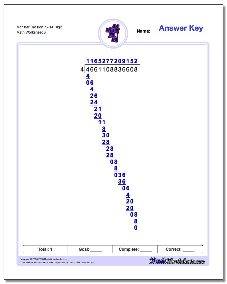 Monster Division Worksheet 714 Digit