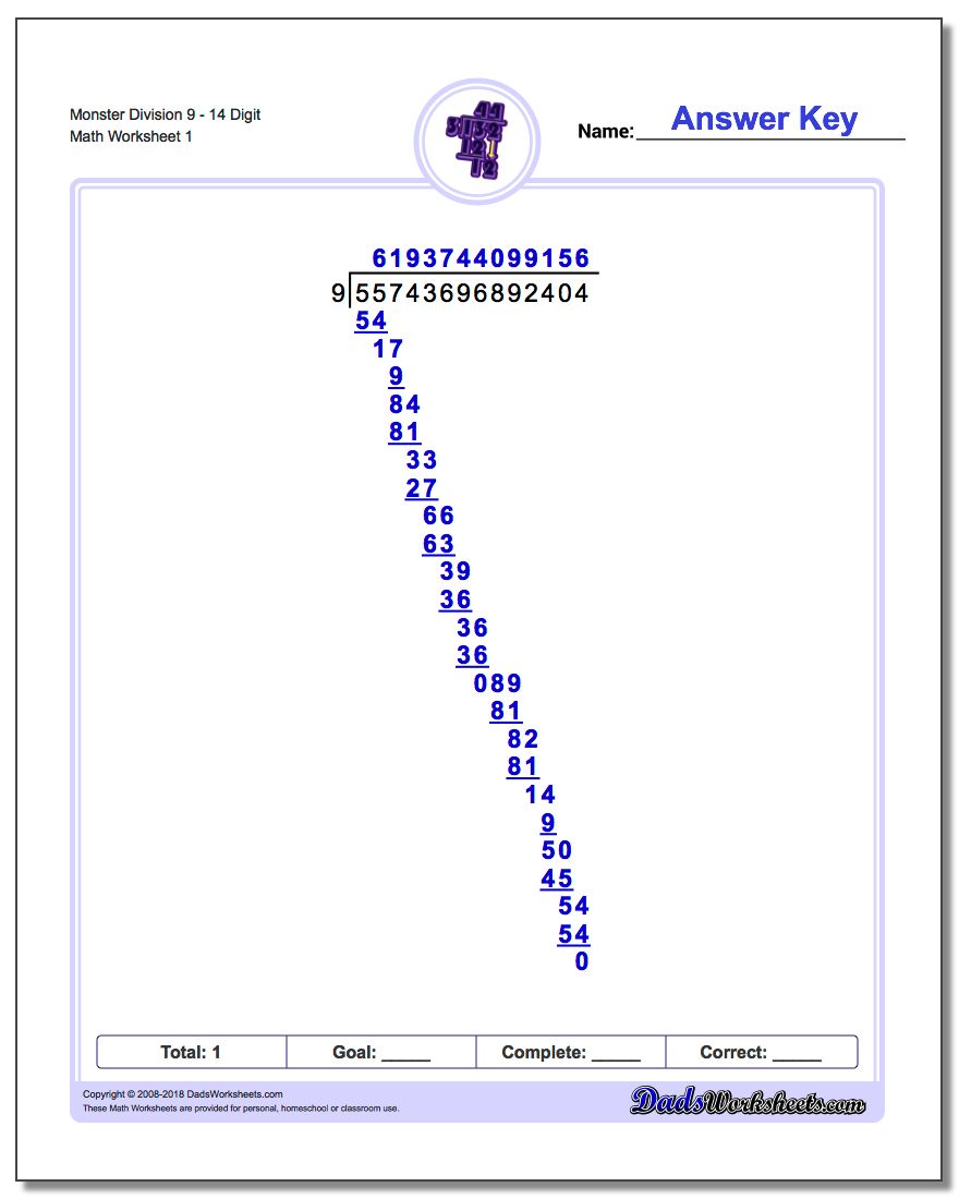 Long Division Worksheet Monster 914 Digit