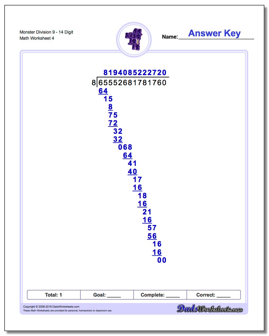 Monster Division Worksheet 914 Digit
