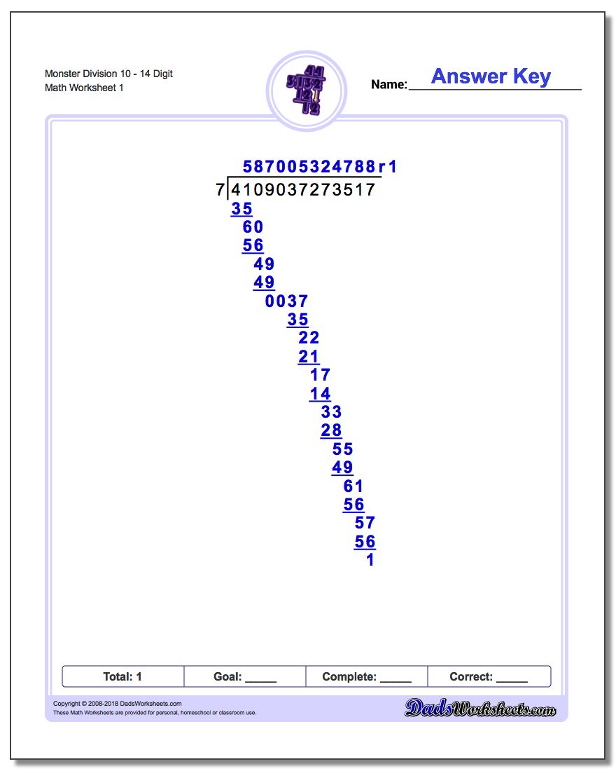 Long Division Worksheet Monster 1014 Digit