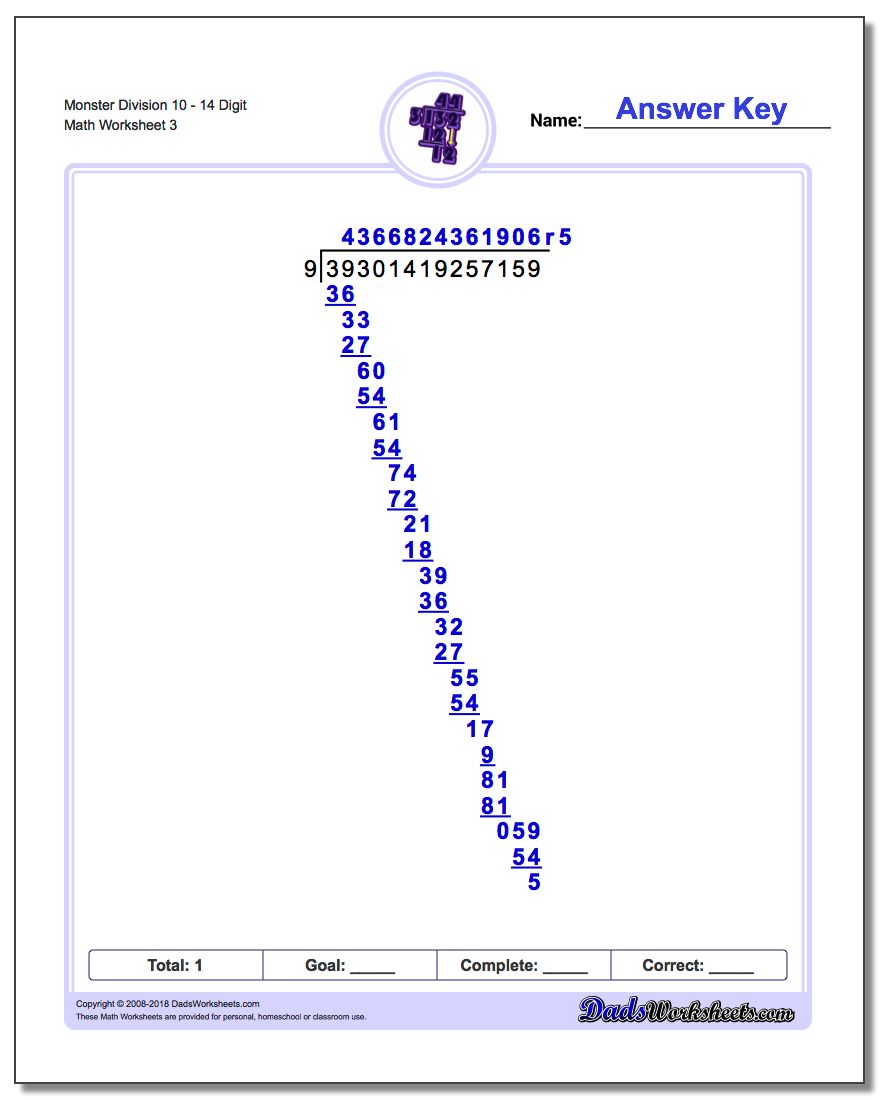 Monster Division Worksheet 1014 Digit