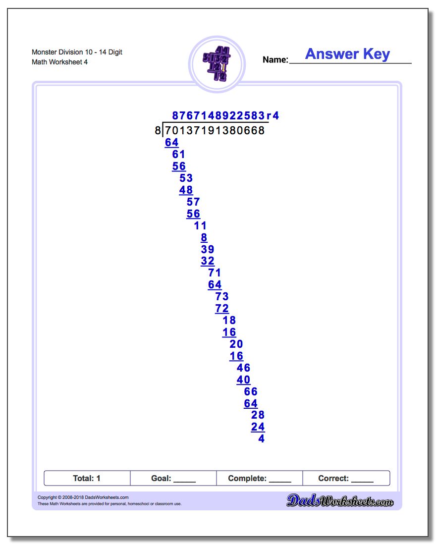 Monster Division Worksheet 1014 Digit