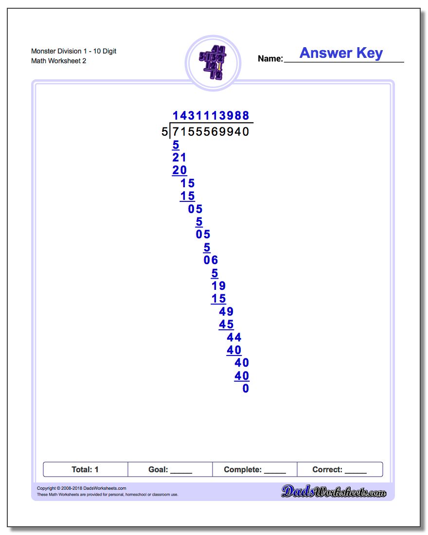 Monster Division Worksheet 110 Digit www.dadsworksheets.com/worksheets/long-division.html