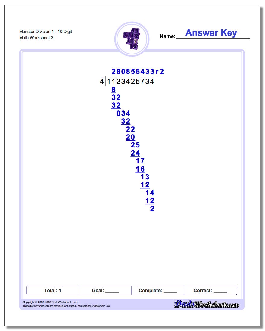 Monster Division Worksheet 110 Digit