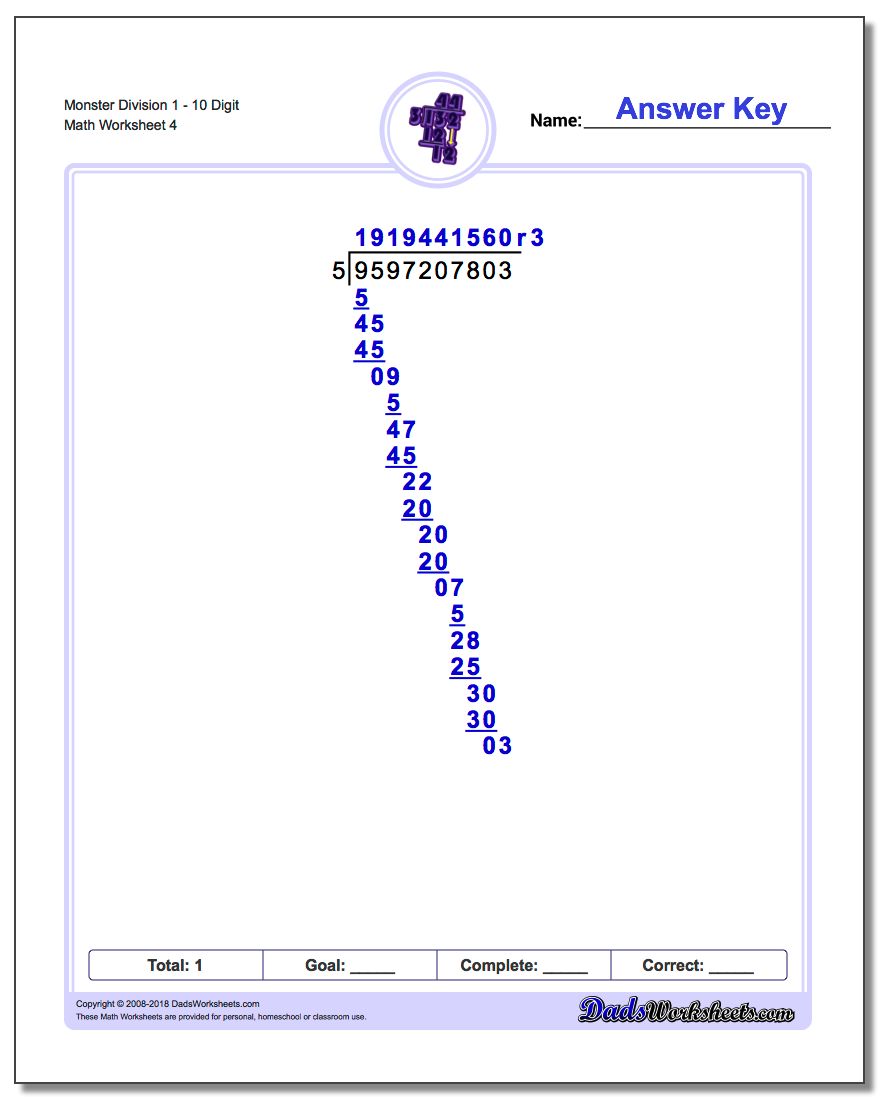 Monster Division Worksheet 110 Digit