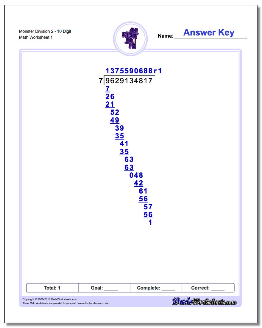 Long Division Worksheet Monster 210 Digit