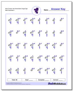 Long Division Worksheet More with Remainders Single Digit