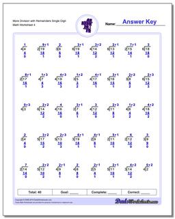 More Division Worksheet with Remainders Single Digit