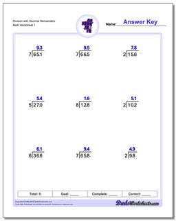Long Division Worksheet with Decimal Results