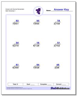 Long Division Worksheet with Decimal Remainders