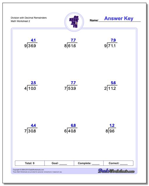 Long Division Worksheets: Division with Decimal Results
