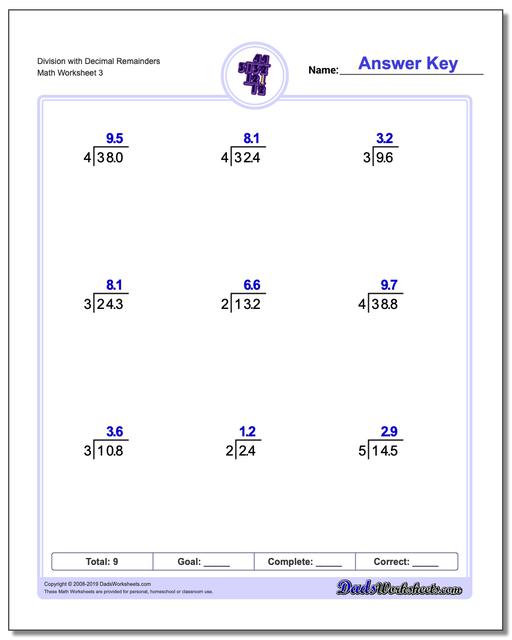 Long Division Worksheets: Division with Decimal Results