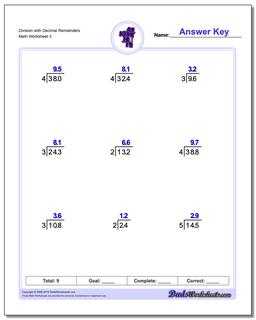 Division Worksheet with Decimal Remainders