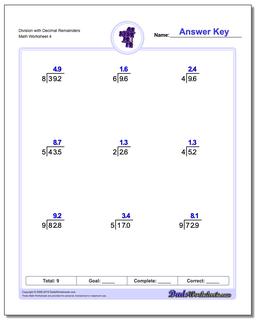 Division Worksheet with Decimal Remainders