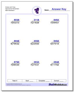 Long Division Worksheet with Three Digit Decimal Remainders