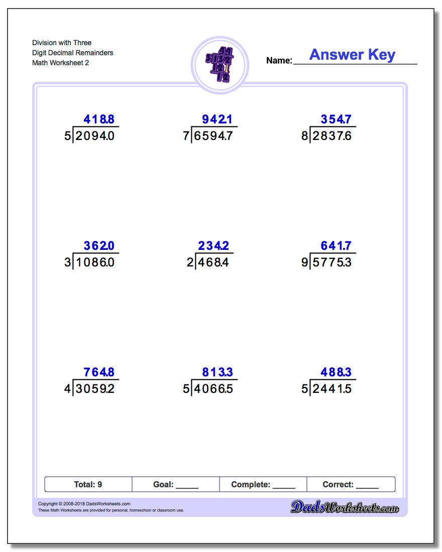Division Worksheet with Three Digit Decimal Remainders www.dadsworksheets.com/worksheets/long-division.html