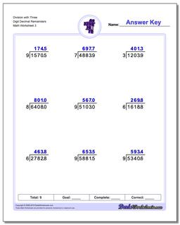 Division Worksheet with Three Digit Decimal Remainders