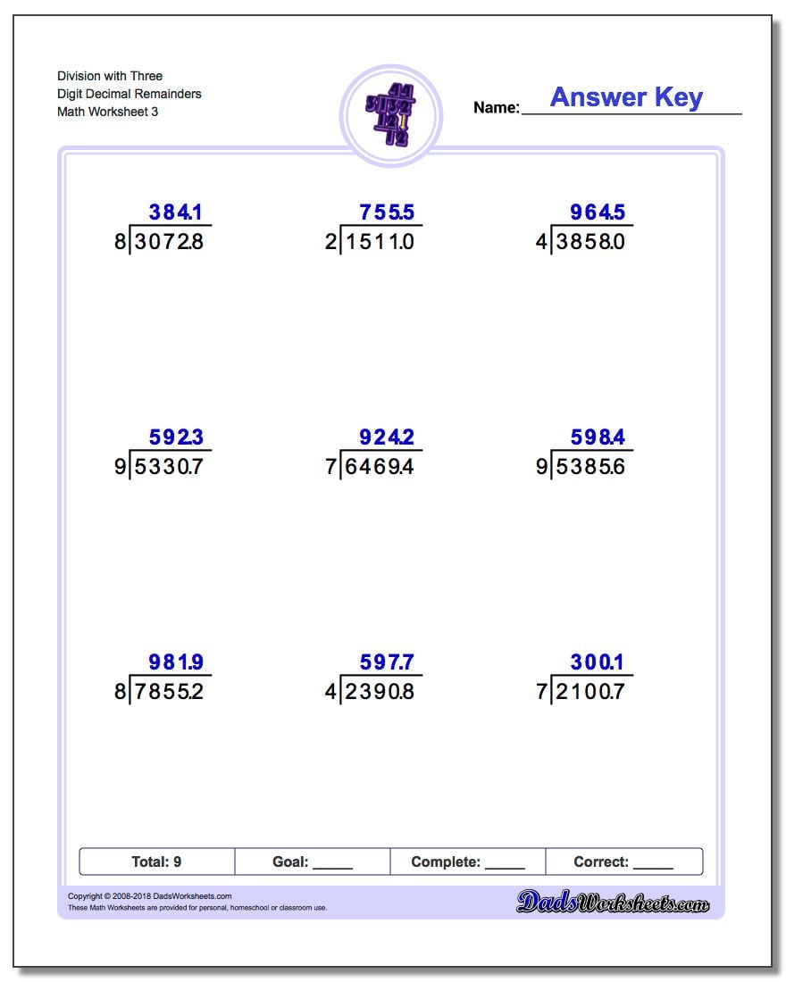 Division Worksheet with Three Digit Decimal Remainders