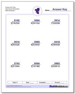 Division Worksheet with Three Digit Decimal Remainders