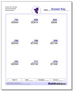 Long Division Worksheet with Two Digit Decimal Remainders