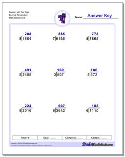 Division Worksheet with Two Digit Decimal Remainders