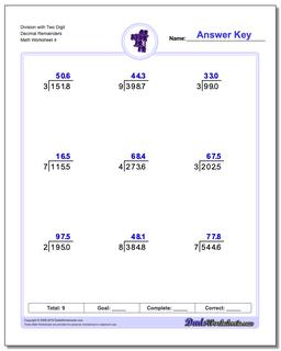 Division Worksheet with Two Digit Decimal Remainders