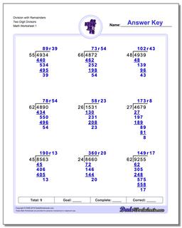 Long Division Worksheet with Remainders Two Digit Divisors