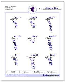 Division Worksheet with Remainders Two Digit Divisors