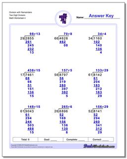 Division Worksheet with Remainders Two Digit Divisors