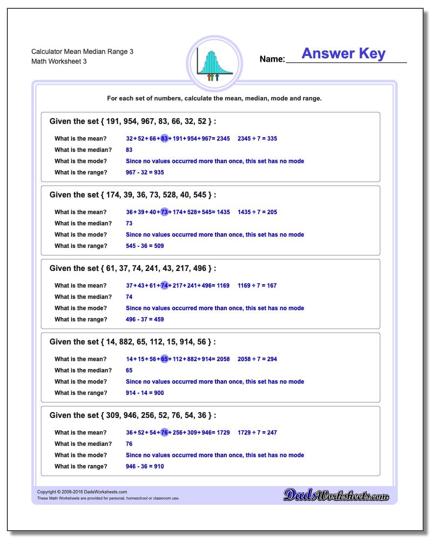 Calculator Mean Median Range 3 Worksheet