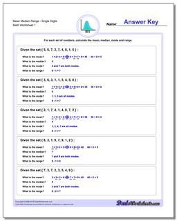 Mean, Median, Mode and Range WorksheetSingle Digits