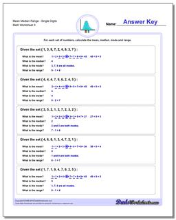 Mean Median RangeSingle Digits Worksheet