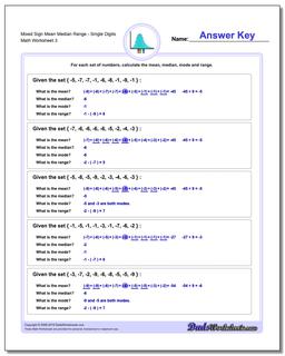 Mixed Sign Mean Median RangeSingle Digits Worksheet