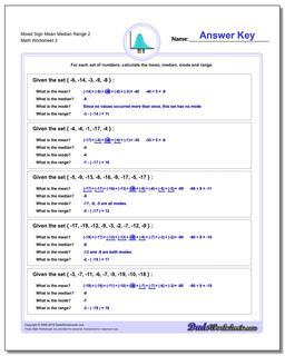 Mixed Sign Mean Median Range 2 Worksheet