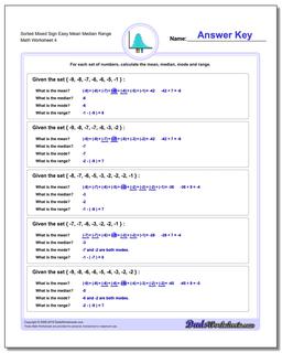 Sorted Mixed Sign Easy Mean Median Range Worksheet