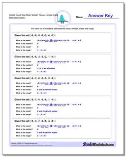 Sorted Mixed Sign Mean Median RangeSingle Digits Worksheet