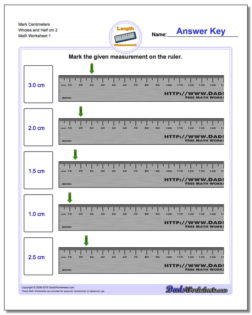 Mark Centimeters Wholes and Half cm 2 Metric Measurement Worksheet