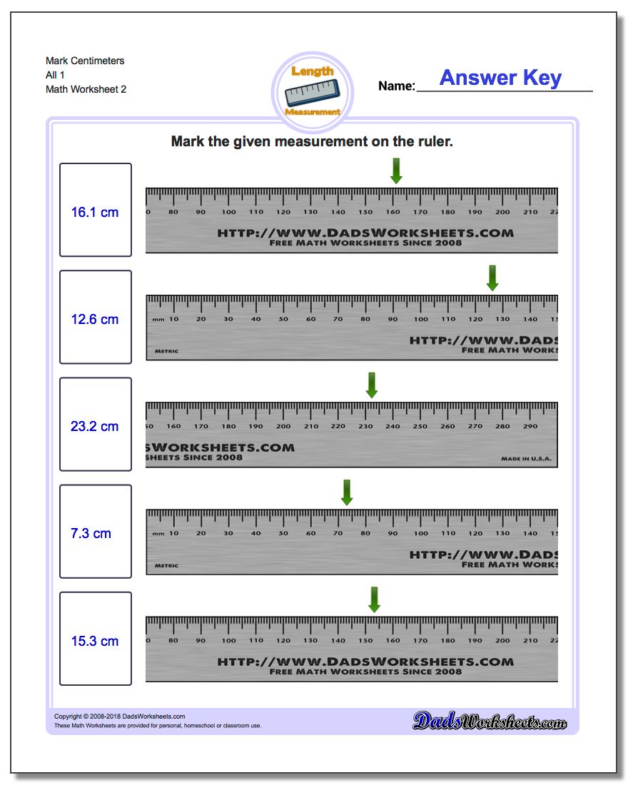 Mark Centimeters All 1 www.dadsworksheets.com/worksheets/metric-measurement.html Worksheet